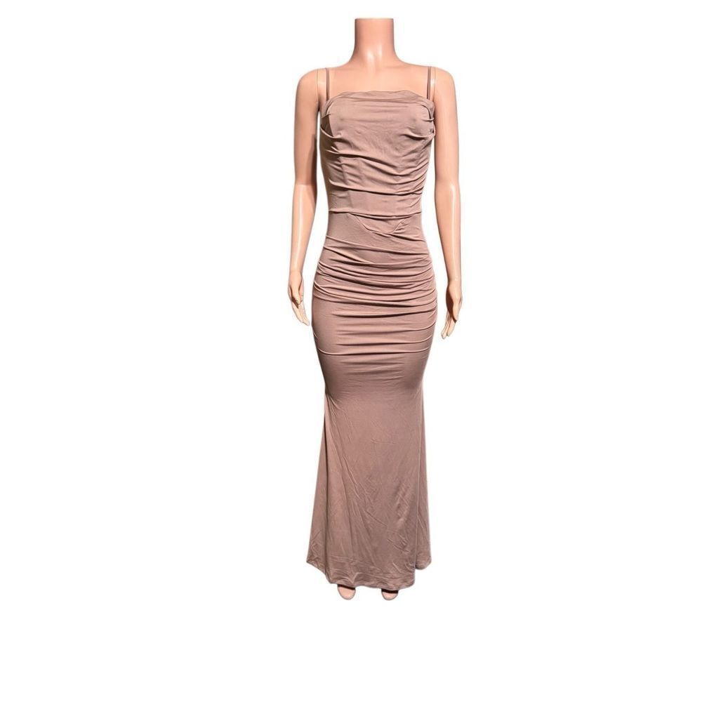 Marthea sleeveless bodycon corset maxi dress/ spaghetti strap ruched mocha dress